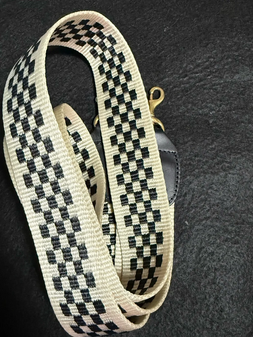Beige & Black Checked Canvas Strap with Leather Trim